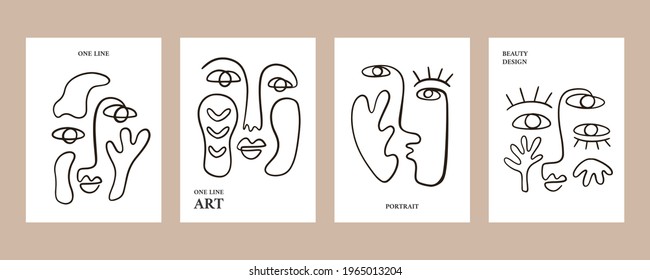 Abstract faces posters collection. Fashion One line drawing fun primitive character art. Vector lines modern minimalistic style. Continuous linear art, t shirt print.