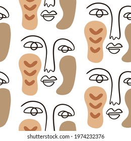 Abstract faces seamless pattern background with neutral colors shapes. Fashion One line drawing fun primitive character art. Vector lines modern glamour poster, minimalistic style.