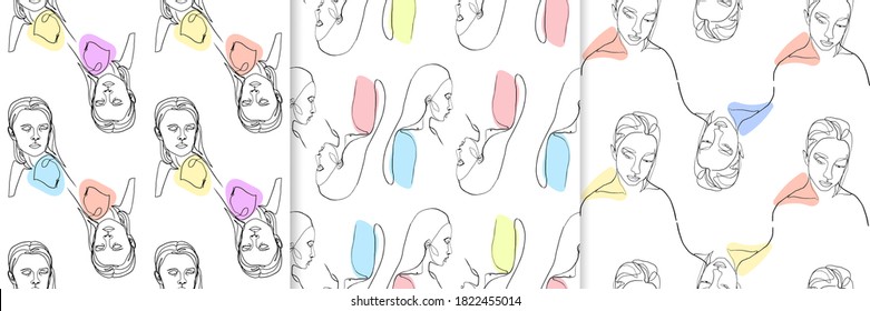 Abstrakte Gesichter nahtloses Muster. Modeporträts mit blauen und roten Akzenten moderner minimalistischer Schriftzeichen mit dekorativen Linien mit gelben und grünen Vektorfragmenten.