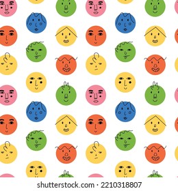 Abstract faces seamless pattern. Funny cartoon characters, doodle trendy avatars, smile people, contemporary geometric print. Decor textile, wrapping paper, wallpaper, vector background