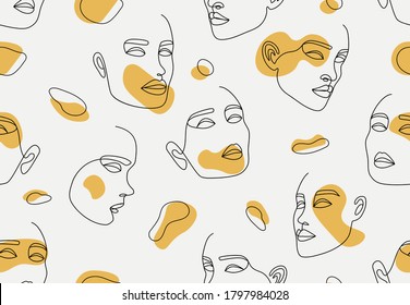 Abstract faces seamless pattern. Modern texture of female silhouettes with organic shapes. Continuous line portraits for print, textile