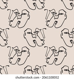 Abstract faces seamless pattern. Modern minimal art. Continuous line drawing.