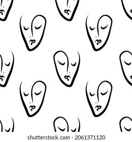 Abstract faces seamless pattern. Modern minimal art. Continuous line drawing.