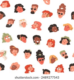 Abstract faces seamless pattern. Quirky people. Various men and women different nationalities. Happy males and females heads. Vector doodle illustration, funny crowd background, comic characters.