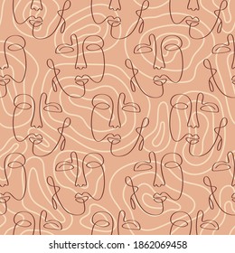 Abstract faces seamless pattern texture. One line drawing. Vector lines contemporary abstractions endless background, continuous linear art, fabric print.