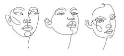 Abstract Faces Set Continuous Line Drawing. Woman Face, Minimalist Fashion Concept, Female Beauty One Line Art, Vector Illustration. Woman Contemporary Portrait Minimalist Style