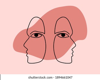 Abstract faces of twins illustration. One line portraits of two beautiful young people' heads in pink minimalist outline modern vector avatar artwork.