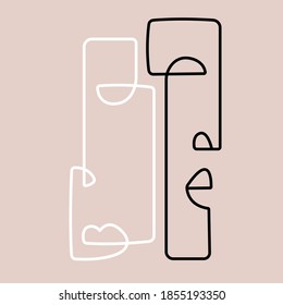 Abstract faces vector illustration. Male and female. Man and woman. Black and white. Pastel pink colour background. One line drawing.