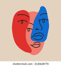 Abstract faces of a woman. Portrait in a minimalist style. Bright colours. Flat design, cartoon, vector illustration. All elements are isolated.
