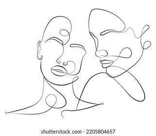 Abstract faces of women touch one line of a vector drawing. Portrait in a minimalist style. A natural symbol of cosmetics. Modern art of continuous line. Fashionable print. Beauty salon.