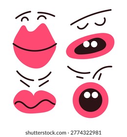 Abstract facial features set, lips and eyes expressions, minimalist modern characters elements collection.