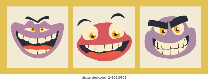 Abstract, facial images, various emotions, retro colors, fun, illustrations, vectors