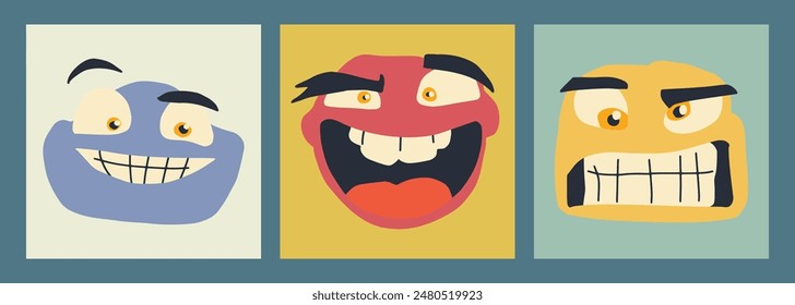 Abstract, facial images, various emotions, retro colors, fun, illustrations, vectors
