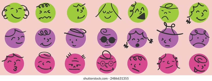 Abstract, facial images, various emotions, retro colors, fun, illustrations, vectors