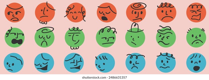 Abstract, facial images, various emotions, retro colors, fun, illustrations, vectors