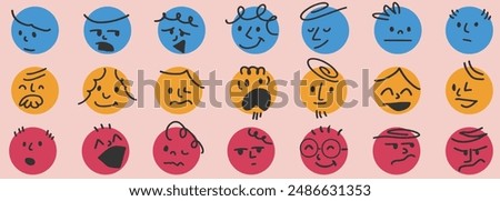 Abstract, facial images, various emotions, retro colors, fun, illustrations, vectors