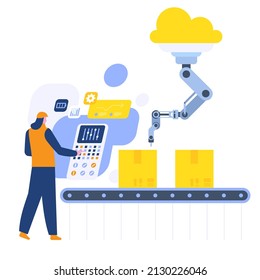 Abstract factory with automated conveyor belt line. Woman controls work at screens control panel, robotic arm packing boxes. Smart industry revolution. Vector illustration isolated on background