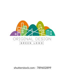 Abstract factory building with chimney in linear style. Colorful park on background. Isolated flat vector design for business card, flyer or label