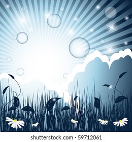 abstract fairy sunrise on the  meadow with sunbeams and daisies. Eps10