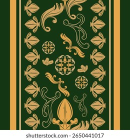Abstract Faithful Illustration Baroque Arabic Design with Royal Exquisitely Ornament Gold on Deep Green Background Delicate Fine Seamless Border Pattern for Silk Weaves Cover Frame Card Embroidery Rug