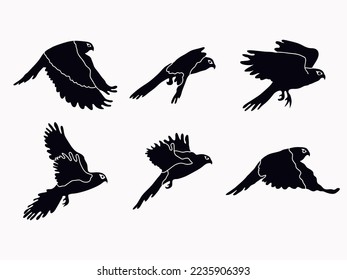 abstract falcon fly and landing style silhouette .hawk flying shadow clipart illustration set bundling