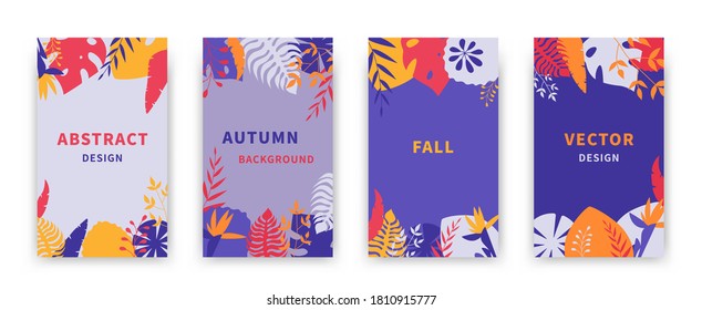Abstract fall backgrounds. Vertical posters nature landscape leaf palm tree. Social media stories, design templates for advertising, banners, greeting cards. Vector illustration