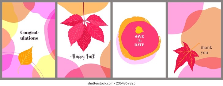 Abstract fall design templates. Autumn modern background set. Bright colorful artistic cards minimal frame copy space. Creative art for autumn greeting card, fall event poster, flyer, banner, cover.