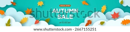 Abstract fall fashion header. Autumn nature sale banner. 3d paper colored leaves, clouds on blue sky background. Vector illustration. October November season concept poster. Thanksgiving offer promo