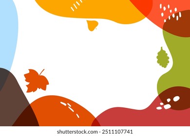 abstract fall illustration features bold, colorful shapes in orange, red, green, and yellow with a minimalistic design. for seasonal promotions, digital banners, social media posts, autumn