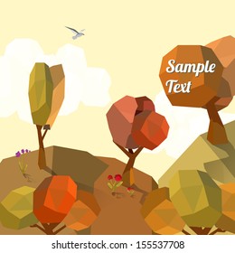 Abstract Fall Landscape, Polygonal Background Trees and Flowers  -Vector Illustration 
