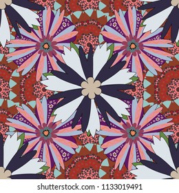 Abstract fall seamless pattern in bright autumn colors (brown, pink and gray). Vector graphic painting of falling flowers, doodles, grunge textures. Vector. Floral background for abstract design.