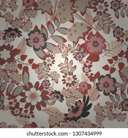 Abstract fall seamless pattern in bright autumn colors (pink, gray and neutral). Floral background for abstract design. Vector graphic painting of falling flowers, doodles, grunge textures. Vector art