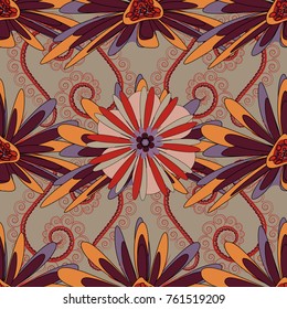 Abstract fall seamless pattern in bright autumn colors (gray, purple and yellow). Vector. Vector graphic painting of falling flowers, doodles, grunge textures. Floral background for abstract design.