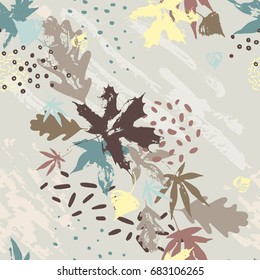 Abstract fall seamless pattern in muted autumn colors. Vector drawing of falling leaves, ink doodle, grunge textures. Floral background for fall design. Hand drawn illustration