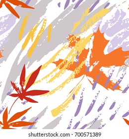 Abstract fall seamless pattern in tender colors. Grunge silhouette of falling leaves, rough brush strokes, splash textures. Cool background for fall design. Hand drawn vector illustration