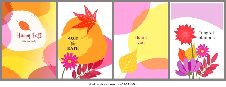 Abstract fall templates. Letter designs autumn theme. Bright colors. Modern artistic backgrounds with copy space. Creative art for greeting card, fall event poster, packaging, flyer, banner, cover.