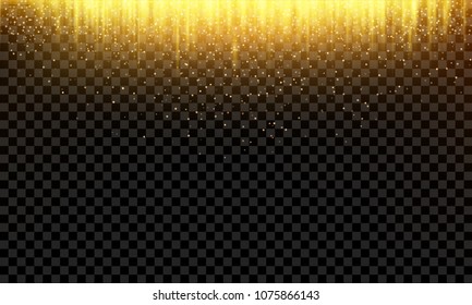 Abstract falling gold glitter particles on transparent background with golden ray lights