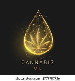 Abstract falling golden cannabis oil drop. Modern 3d graphic concept. Geometric background. Wireframe light connection structure. Isolated vector illustration. Low poly style design.