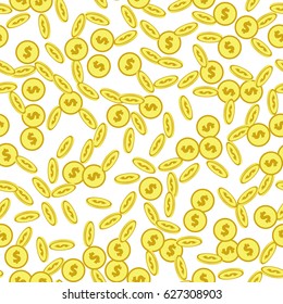 Abstract falling golden coins seamless pattern. Golden money rain. Repeating background with dollar signs randomly placed on white. Vector eps8 illustration.