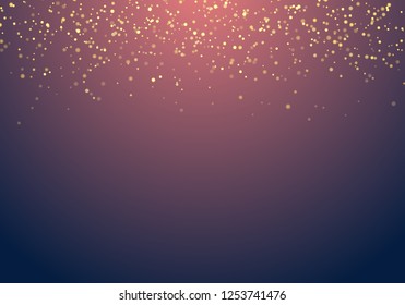 Abstract falling golden glitter lights texture on a dark blue background with lighting. Magic gold dust and glare. Festive Christmas background. Vector illustration