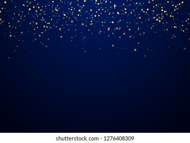 Abstract falling golden glitter lights texture on a dark blue background with lighting. Magic gold dust and glare. Festive Christmas background. Vector illustration