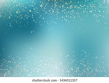 Abstract falling golden glitter lights texture on blue turquoise background with lighting. Magic gold dust and glare. Festive Christmas background. Vector illustration