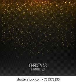 Abstract falling of lighting particles isolated on transparent . Christmas shining decoration . 
Vector glitter light effect . Randomly moved flames . Holiday pattern . Vector illustration .
