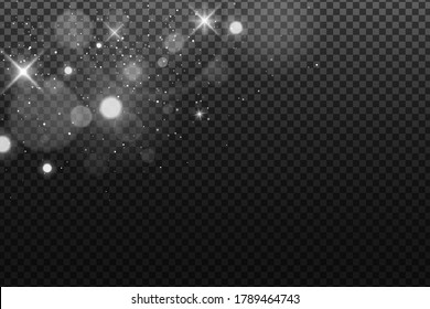 Abstract falling lights bokeh isolated on a dark transparent background. Shining white stars and glare. Footage for your design. Realistic brilliant glitter. Vector illustration. EPS 10.