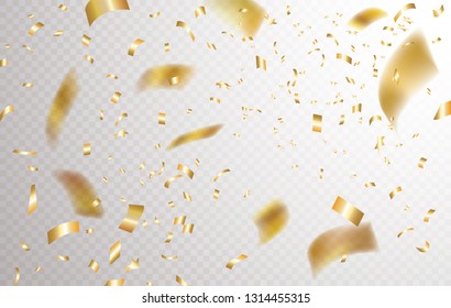 abstract falling shiny golden confetti isolated on transparent background. Bright festive background