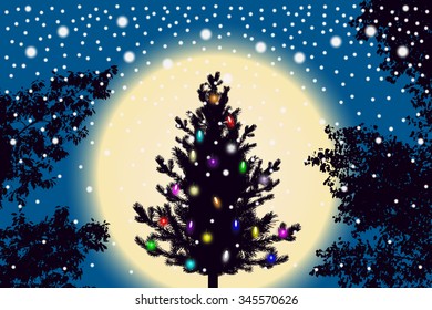 Abstract falling snow, new year Christmas tree with lights decorations and contour of tree leaves on blue sunset background. Style background for decoration and cards design. Vector illustration