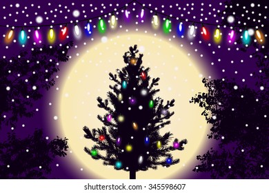 Abstract falling snow, new year Christmas tree with lights decorations and contour of tree leaves on violet sunset background. Style background for decoration and cards design. Vector illustration