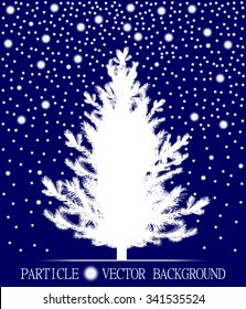Abstract falling snow particles and new year Christmas tree on dark blue background. Style background for presentation, cards, scientific and jewelry design. Vector illustration