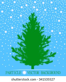 Abstract falling snow particles and new year Christmas tree on cyan background. Style background for presentation, cards, scientific and jewelry design. Vector illustration