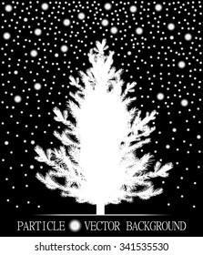 Abstract falling snow particles and new year Christmas tree on black background. Style background for presentation, cards, scientific and jewelry design. Vector illustration